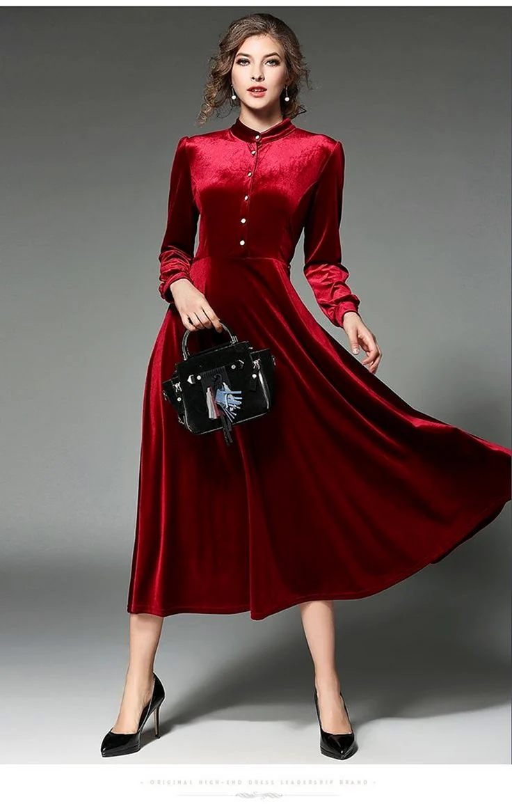 Платье женское бархатное бордовое макси